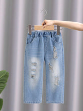 Young Girl Basic Casual Street Style Mid-Blue Washed Ripped Elastic High Waist Tapered Jeans
